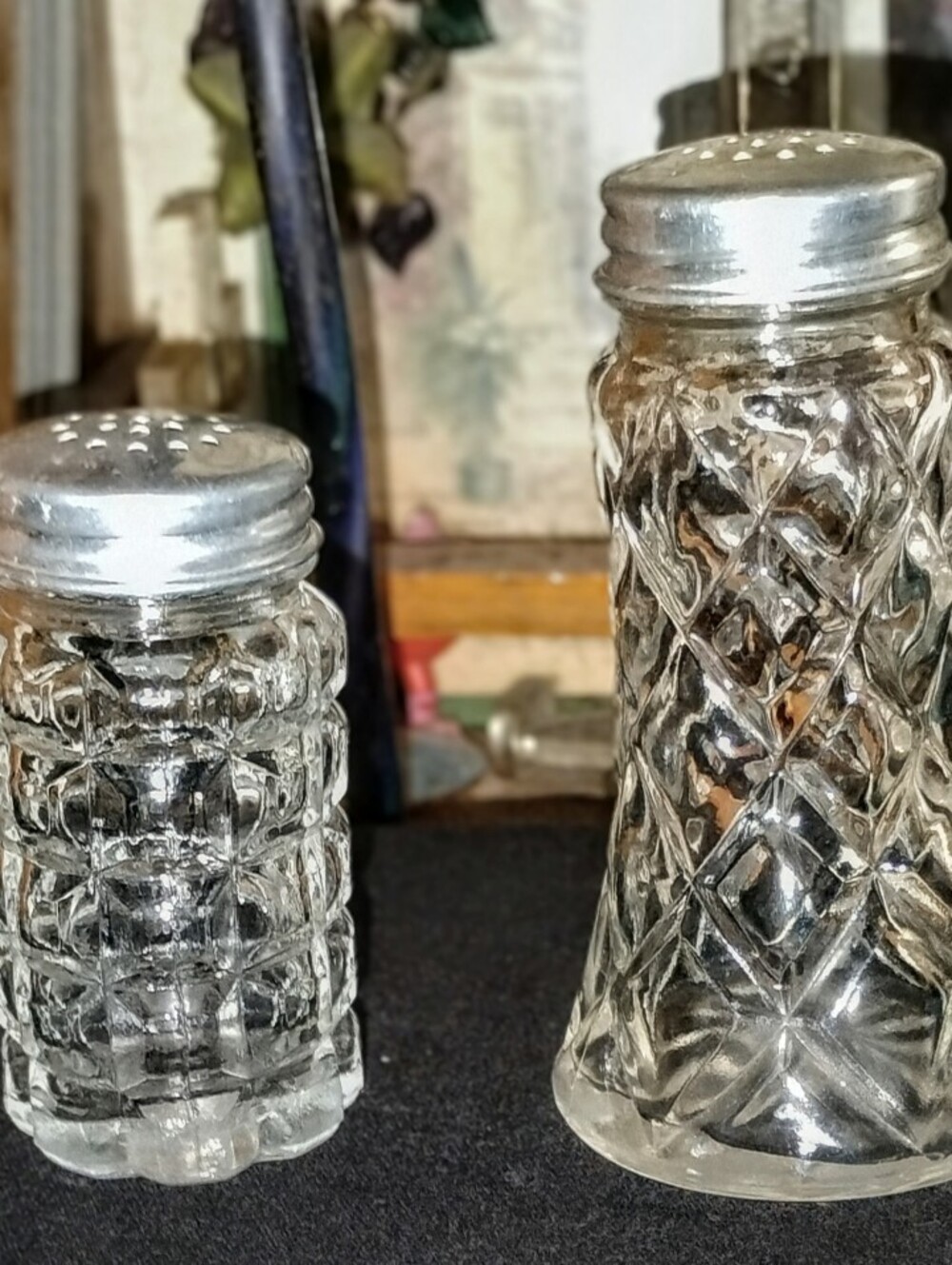 Vintage Mismatched Glass Salt & Pepper Shakers Federal Glass Block & Diamond Cut